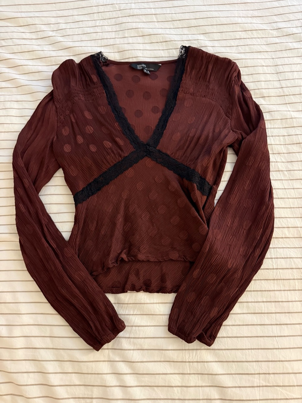 Nobody’s Child V-Neck Textured Long-Sleeve Blouse in Wine with Lace Trim
